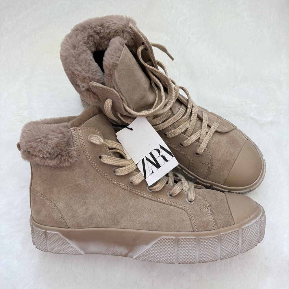 NEW Zara Sand Suede Leather Fur Lining High Top Sneakers Booties Brown Size 40 9